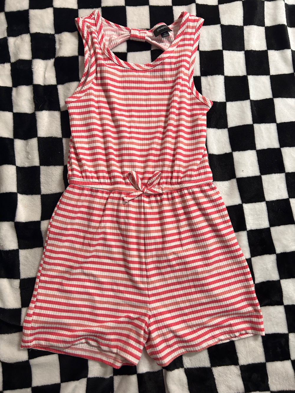 Girls Red and White Striped Sleeveless Romper with Waist Tie